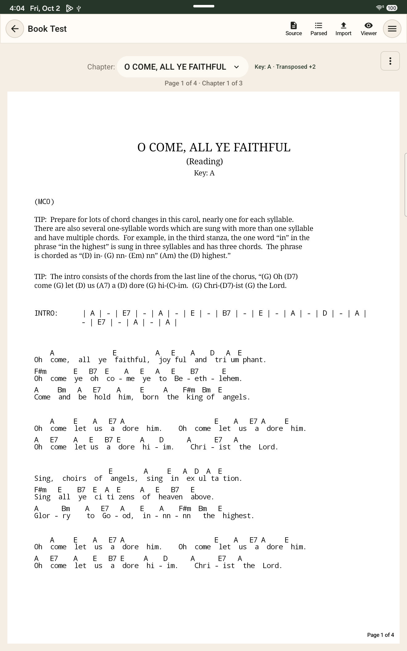 FolioSketch ChordPro editor open to O Come, All Ye Faithful, with chapter, key, and song controls.