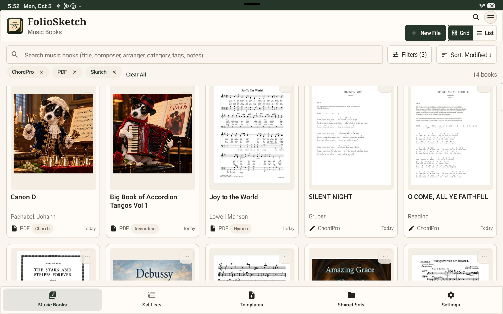 FolioSketch Music Books screen with a searchable grid of PDF, ChordPro, and sketch music files.
