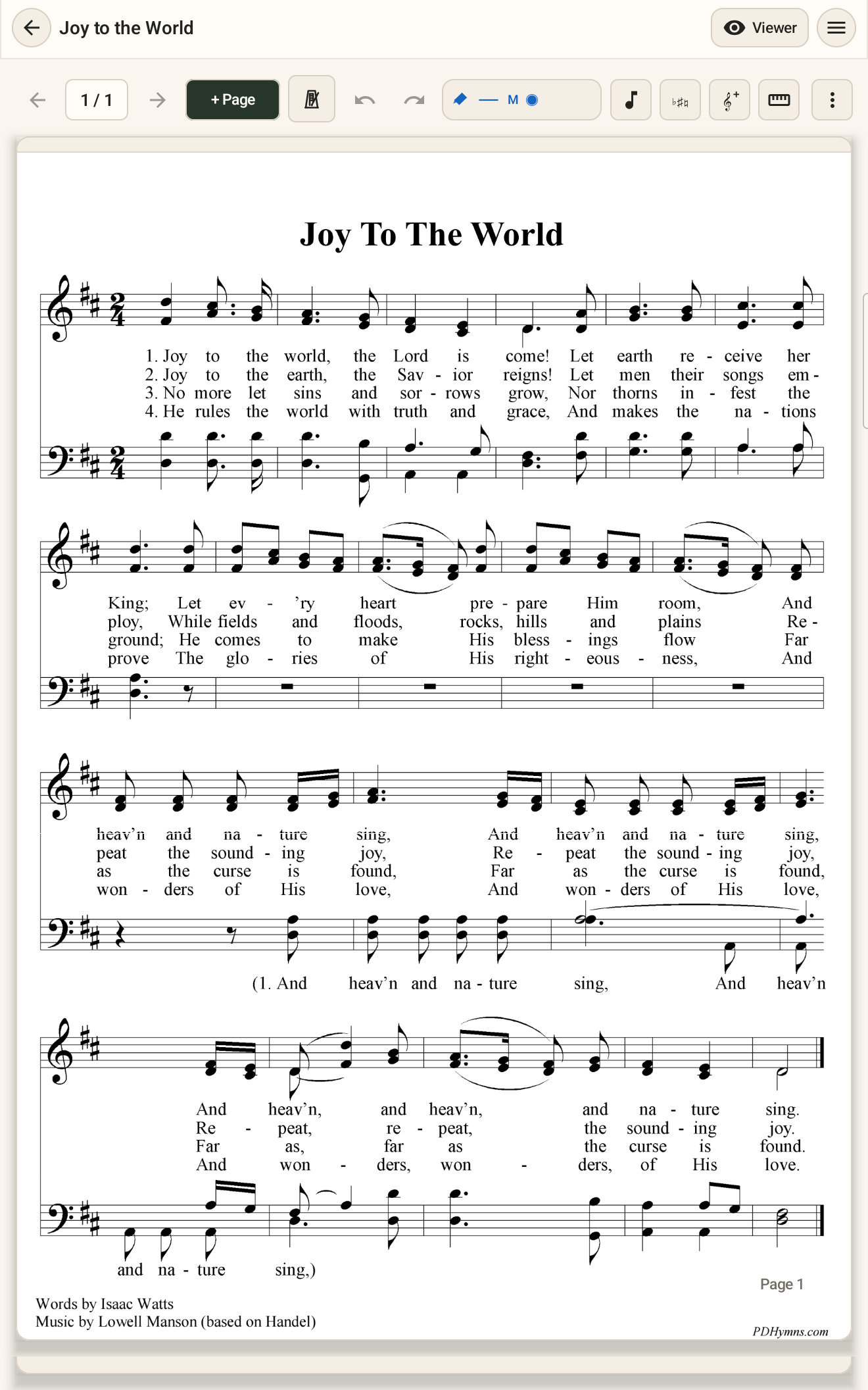 FolioSketch PDF print preview showing four pages of O Come, All Ye Faithful as music content.