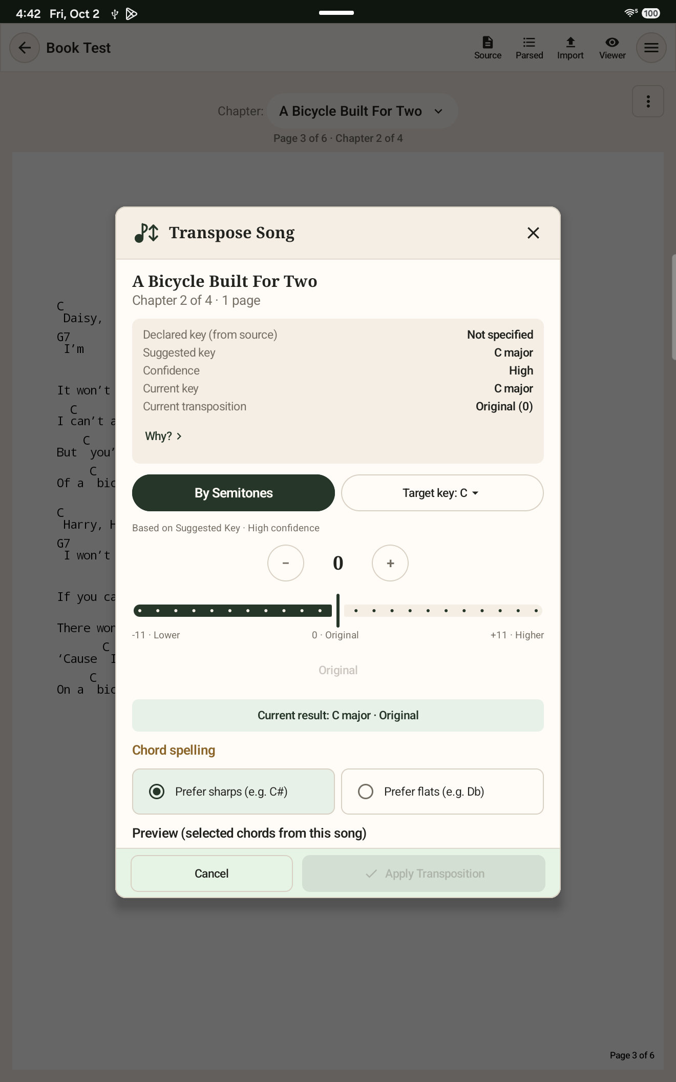 FolioSketch Transpose Song dialog showing semitone controls, target key, chord spelling, and a chord preview.